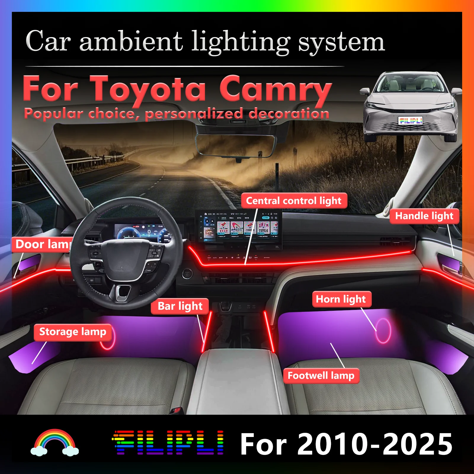 24 en 1 para Toyota Camry XV40 XV50 XV70 XV80, Lámparas LED Ambientales para Auto, Luces de Atmósfera Coloridas, Tira de Neón Interior para Auto, 64 RGB, APP