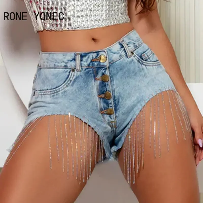 2023 Women Chic Casual Hot Chick Asymmetrical Skinny Rhinestone Tassels Super Short Denim Jeans