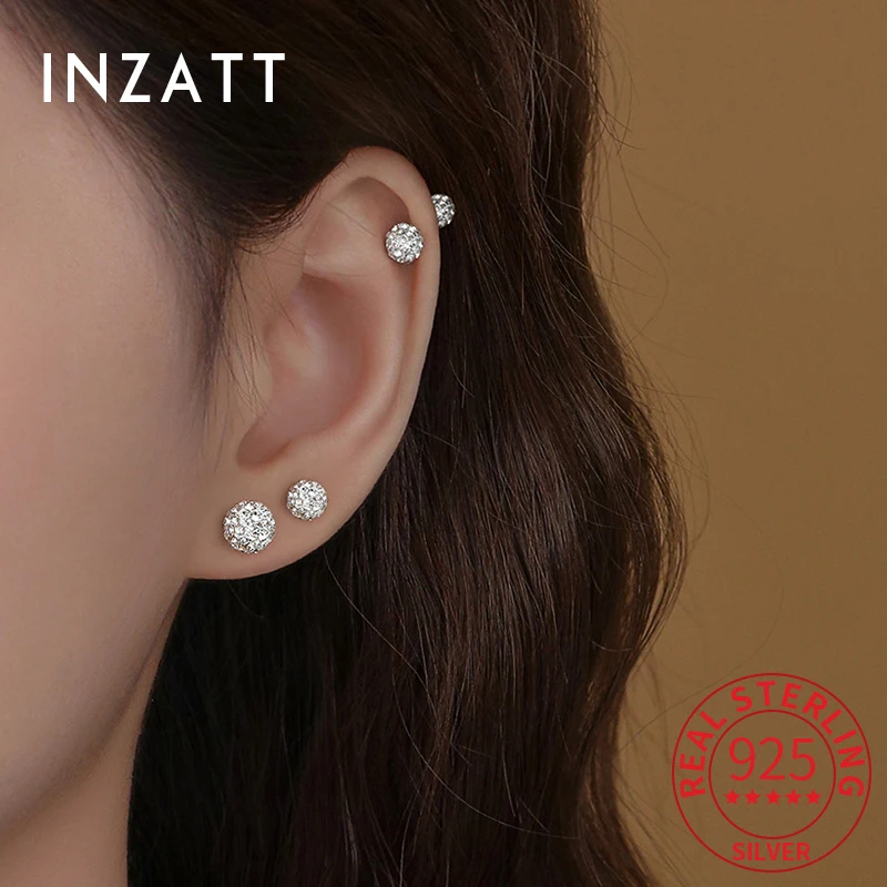 INZATT Real 925 Sterling Silver 6/8MM Sparkling Zircon Bead Stud Earrings for Women Classic Fine Jewelry Ear Bones Accessories