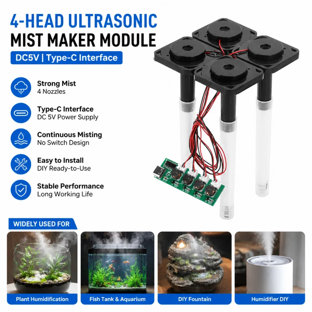 Módulo Umidificador Ultrassônico Sem Interruptor DC5V com Quatro Saídas, Kit DIY com Interface Tipo-C, Ideal para Umidificação de Plantas, etc.