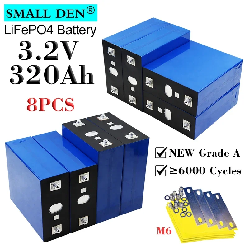 8PCS 3.2V 320Ah Lifepo4 battery Grade A 3C High power Cells DIY 12V 4S 24V Electric car Boat RV Home Inverter Solar wind energy