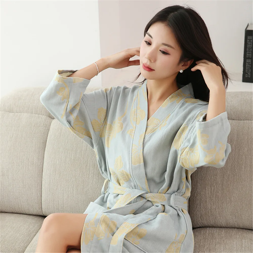 Spring Jacquard High Quality Cotton Double Layer Gauze Sleeping Robes for Women Medium Length Yukata Bathrobe
