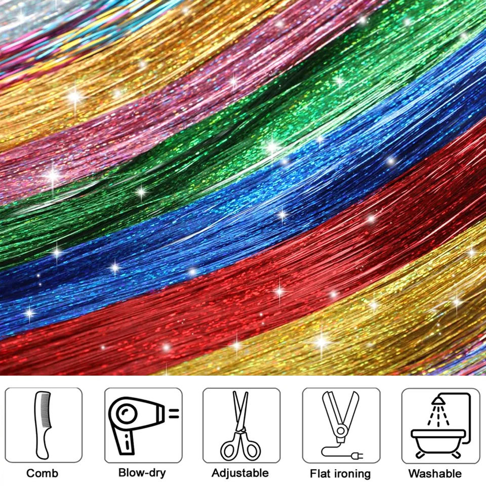 Kit de tinsel para cabello sintético de 48 pulgadas con herramienta, 1200 hebras, extensiones de tinsel en 12 colores, cabello de hadas brillante y reluciente 4