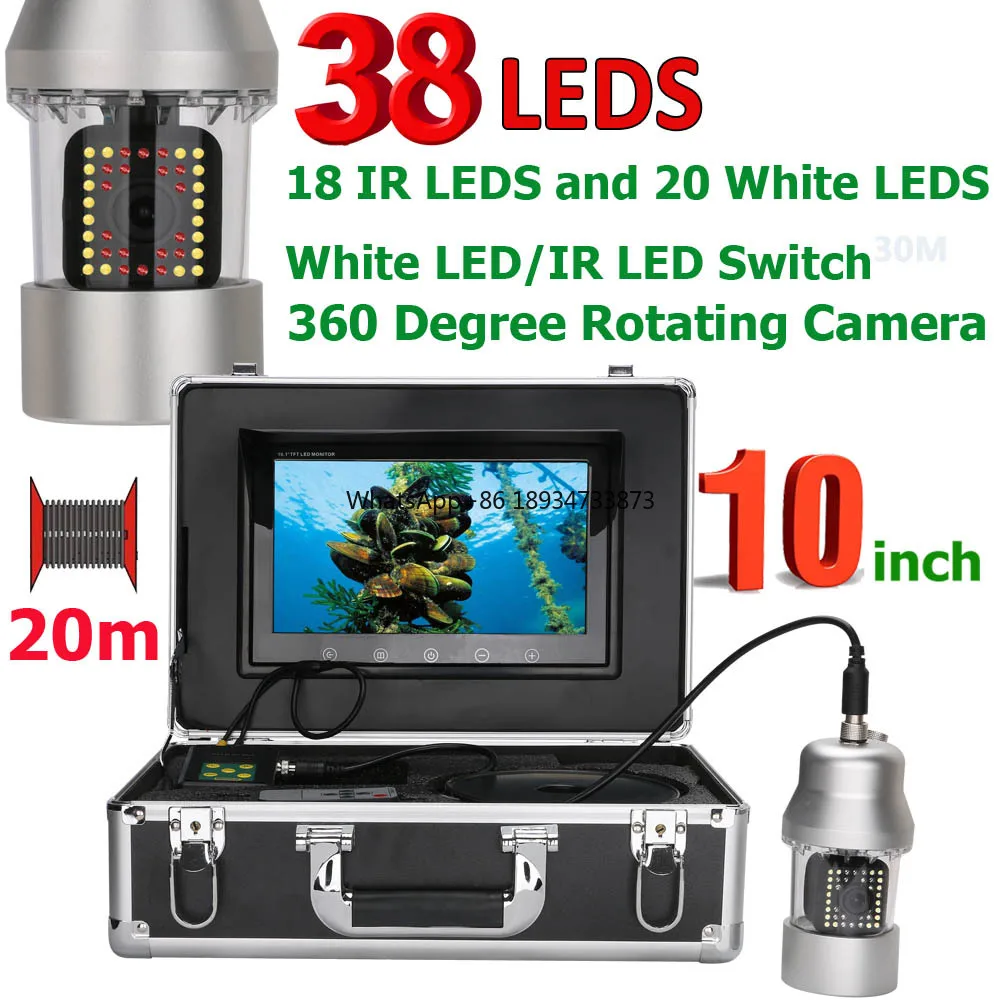 10 Inch 50m Underwater Fishing Video Camera Fish Finder IP68 Waterproof 38 LEDs 360 Degree Rotating Camera