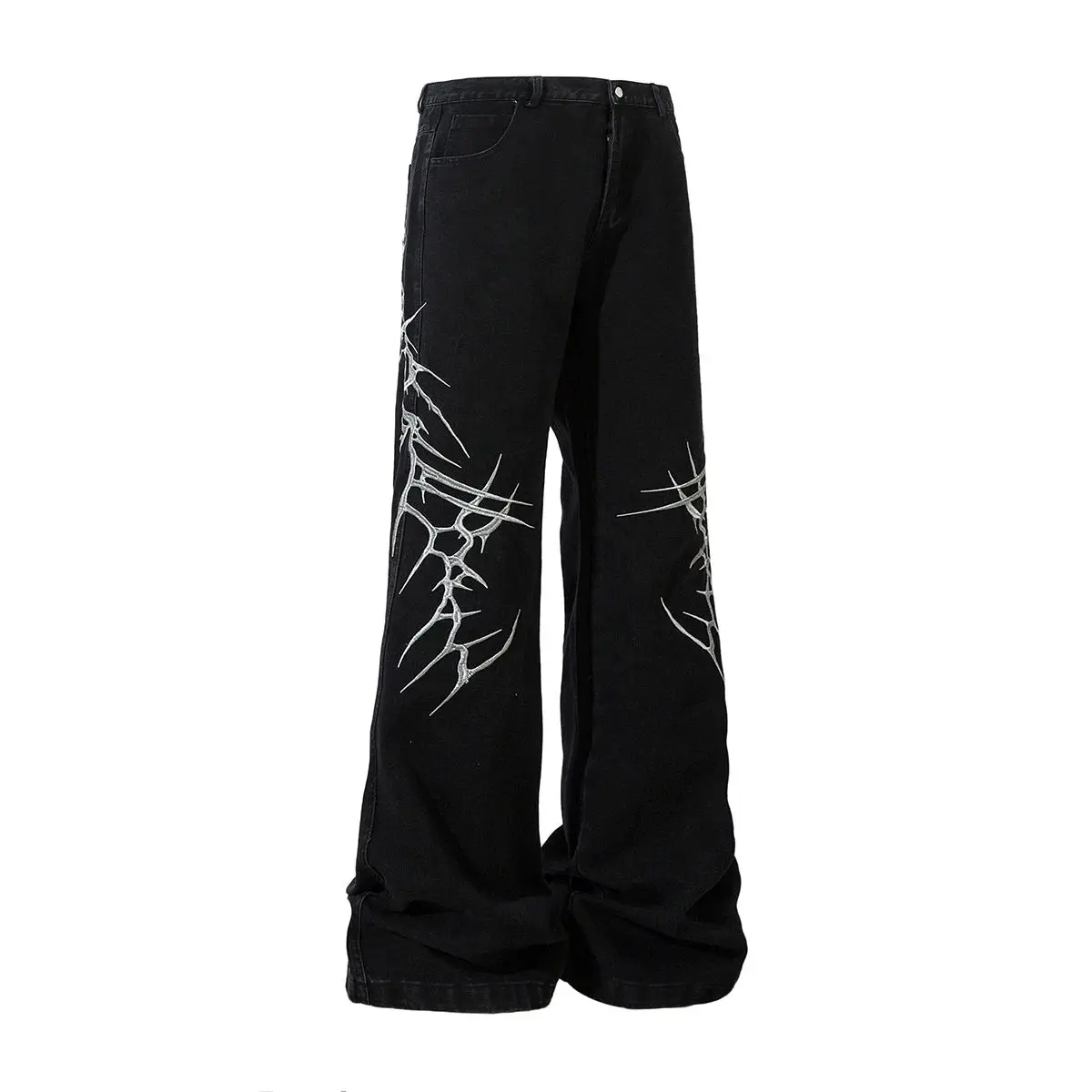

High Set Lightning Embroidery Wide Leg Baggy Bla Jeans Cleanfit Sle Non-sinkable Neutral Polyde Fiber Dstring Ope...