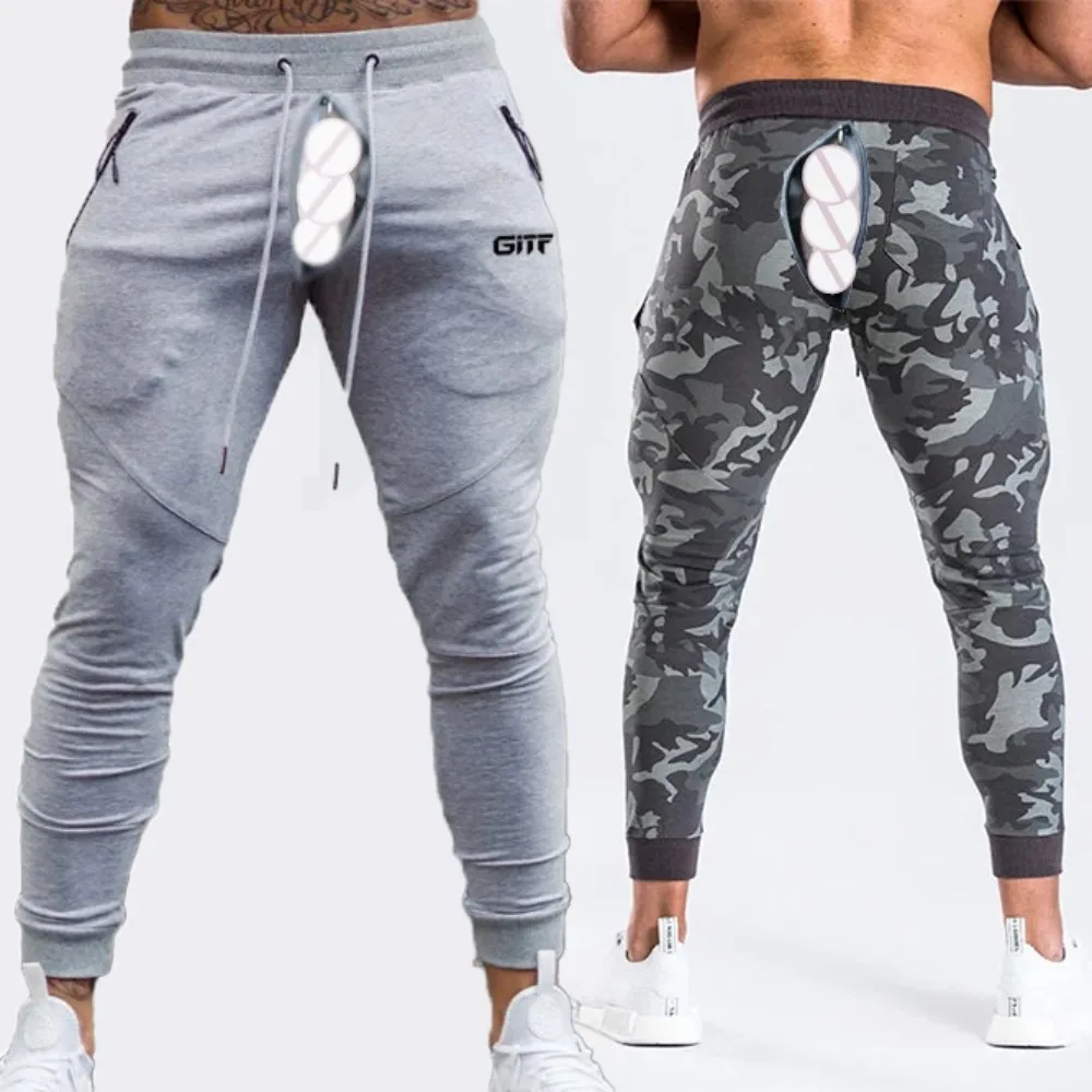 Jogger Men's Sweatpants Invisible Open Crotch Outdoor Sex Club Fitness Trousers Camouflage Tight Zipper Pocket Sport Clothing