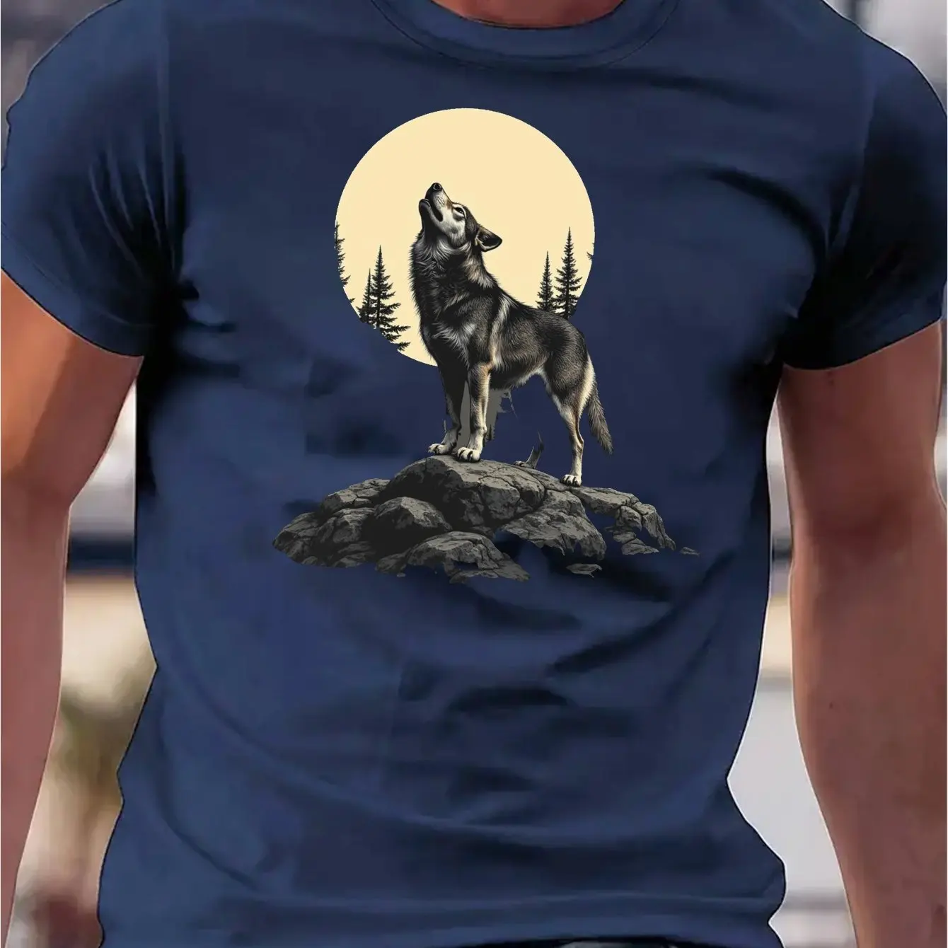 Men's Graphic T-Shirt Wolf Pine Tree Mountain Print Micro-Stretch Breathable Summer Casual Tee Men Clothing Comfortable