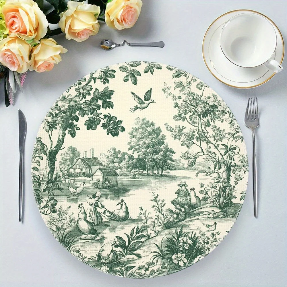 VIKAMA Christmas Tablecloth Round Placemat Green and White Two-Tone Placemat Holiday Table Decor Kitchen Party Buffet