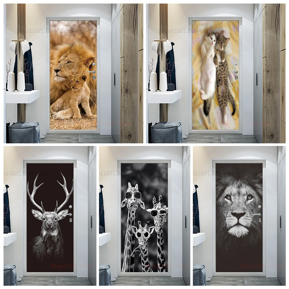 DIY 3D Vinyl Lions Stickers For Entrance Door Cute Cats Giraffe Modern Home Design Decoration Bedroom Door Mural Self Adhesive