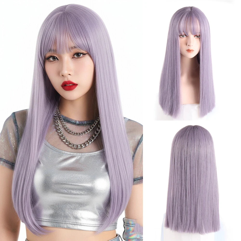 

Long Straight Hair Purple Wig with Bangs Women Cosplay Heat Resistant Synthetic Wig