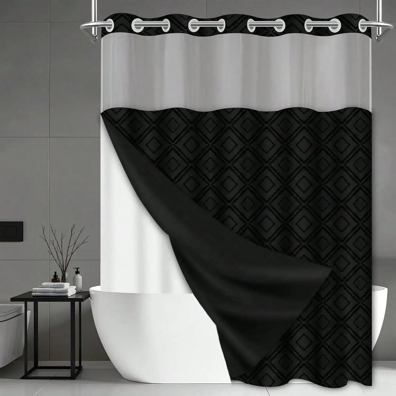 

No Hook Shower Curtain Set With Snap-In Liner, Black Jacquard Tufted Geometric, Bohemian Luxury Bathroom Decor, Waterproof Washable, 71 X 86 Inch