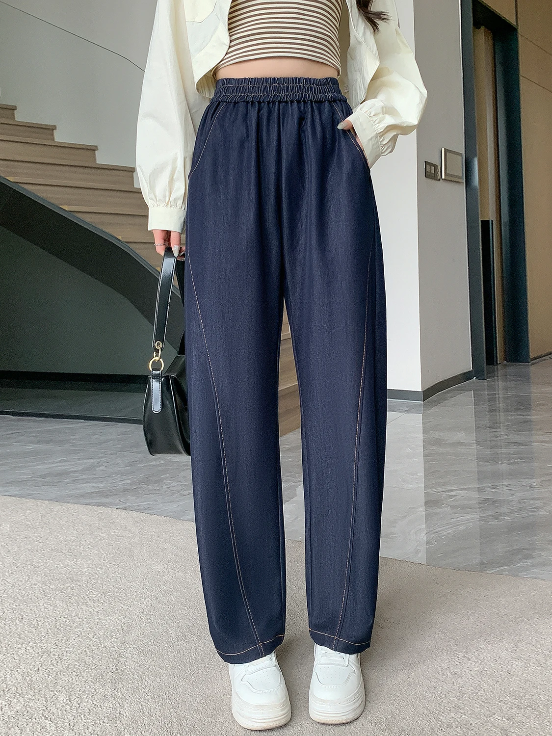 

Весенние женские повседневные брюки-джинсы с высокой талией, широкими штанинами, длиной в пол, фасона «банан» с дизайном «листок капусты», больших размеров