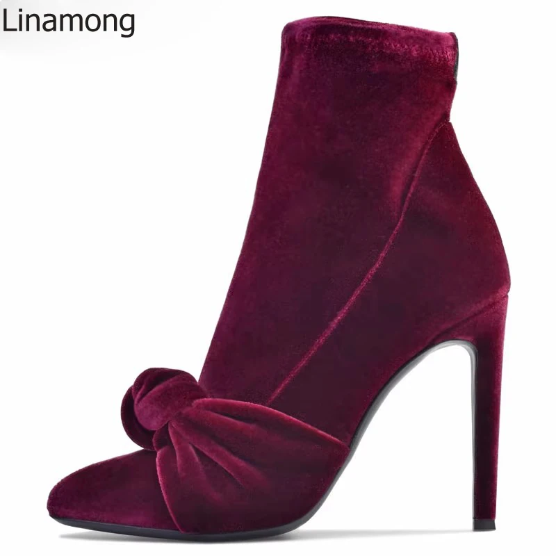 

Elagant Burgundy Red Velvet Knot Bow Ankle Boots Pointed toe Stiletto High Heels Slip on Woman Stretch Booties