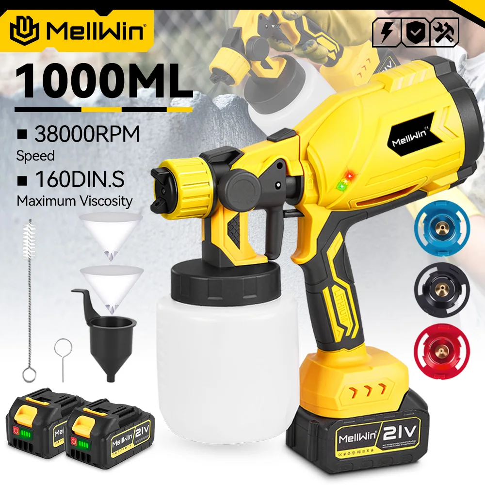 MELLWIN 1000ML Pistola a spruzzo elettrica a batteria con 4 ugelli in rame Strumento portatile per spruzzatore di vernice HVLP per Makita 18VBattery Pin