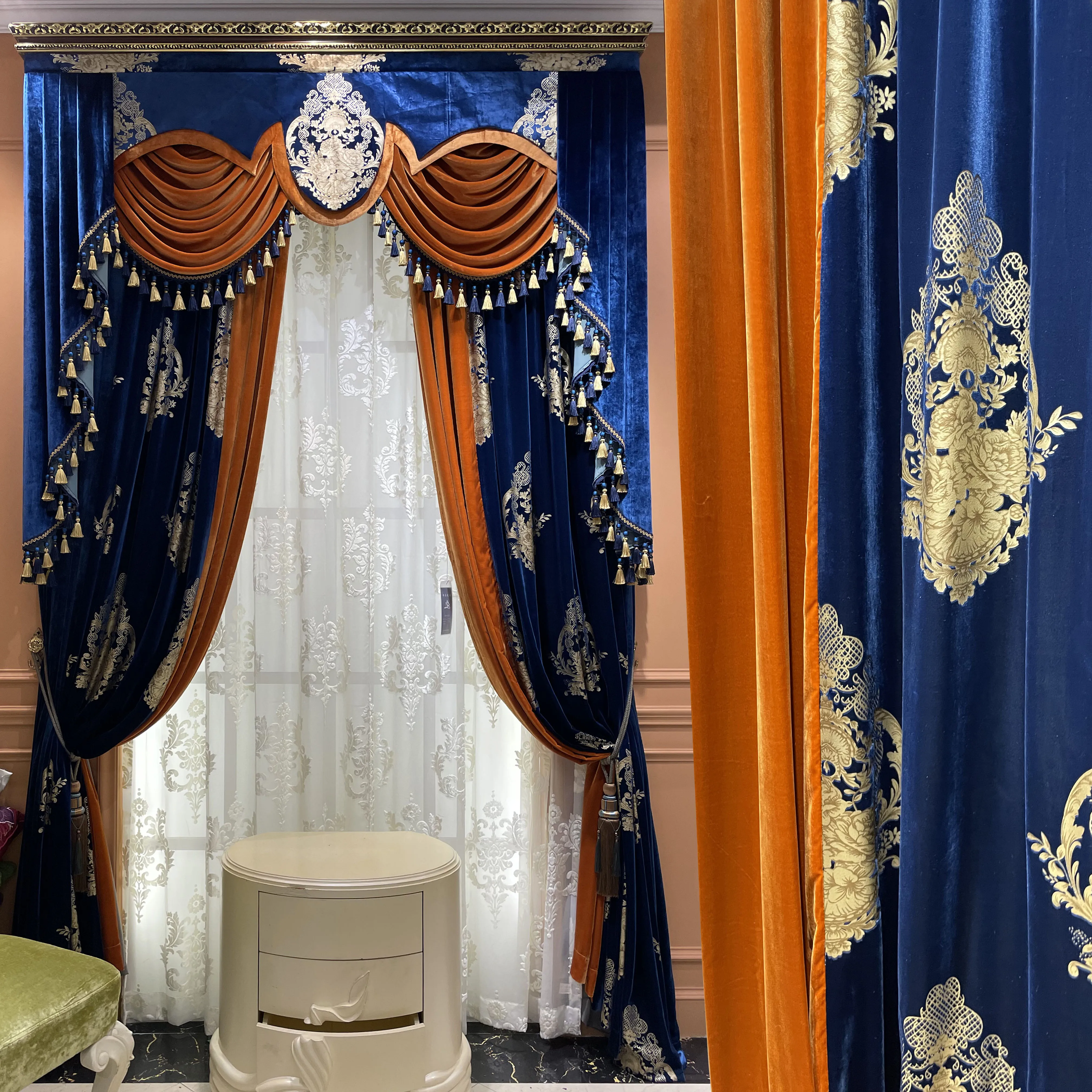 Custom American retro palace high-grade blue velvet villa window bedroom  cloth valance blackout curtain tulle drape C1983