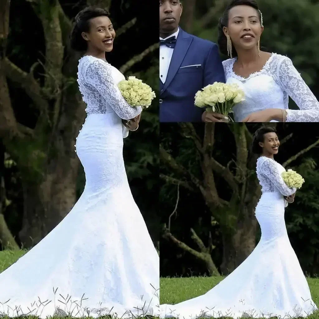Maßgeschneiderte afrikanische lange Ärmel Spitze Meerjungfrau U-Ausschnitt gerafft Sweep Zug Hochzeit Brautkleider Robes De Mariée