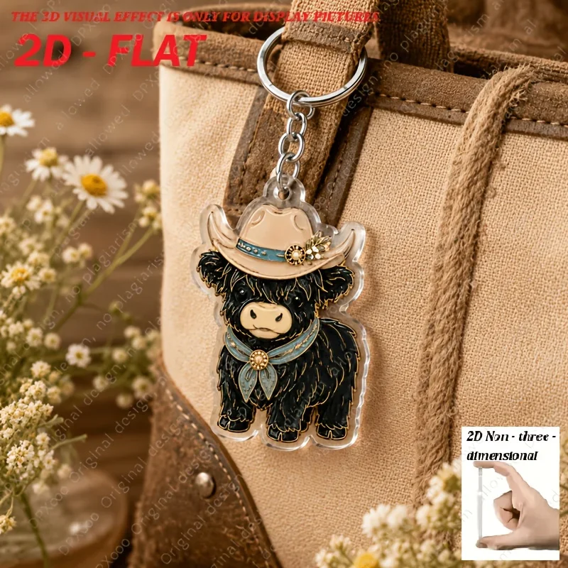2D FLAT 6pcs Western Pastoral Highland Cow Acrylic Keychain , Little Daisy Hat Bandana Plush Calf Keyring, Farm Animal Bag Charm