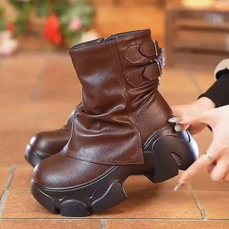 الارتفاع زيادة كومة الأوسط أنبوب الأحذية للنساء ، 2025 الخريف الشتاء موضة جديدة تنوعا أحذية قصيرة ، سميكة سوليد الثلوج الأحذية #4