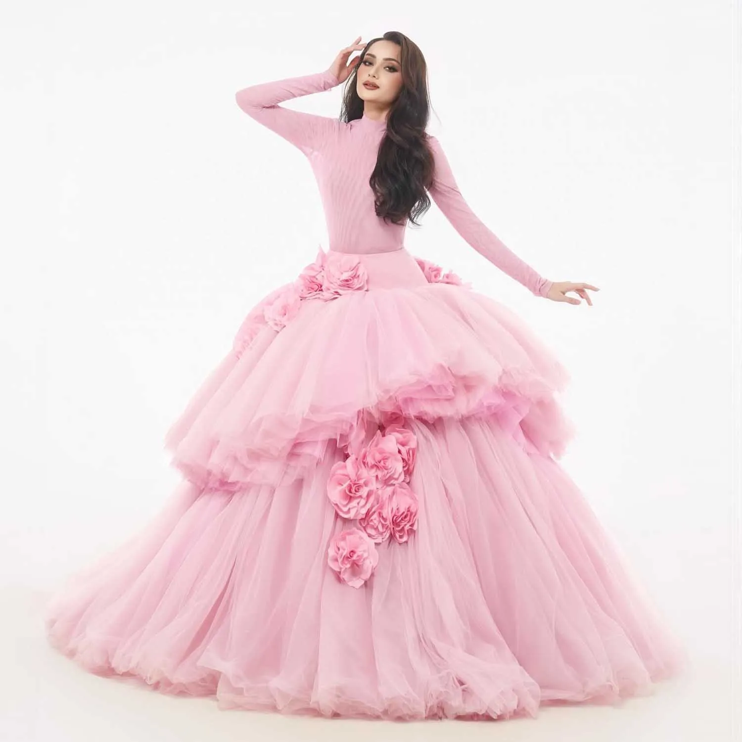 

Fairy Pink Floral Ball Dress Wedding Skirt Extra Fluffy Tulle Skirt Maxi Gown with Rose Flowers Tiered Ball Gown Bride Skirt