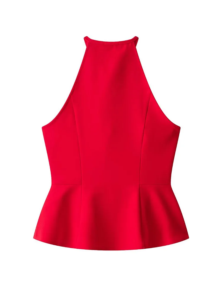 HH Women Summer Old Money Tailored Bright Red Halter Neck Top Self Tie Bow Front Split Peplum Hem Sleeveless Fitted Blouse