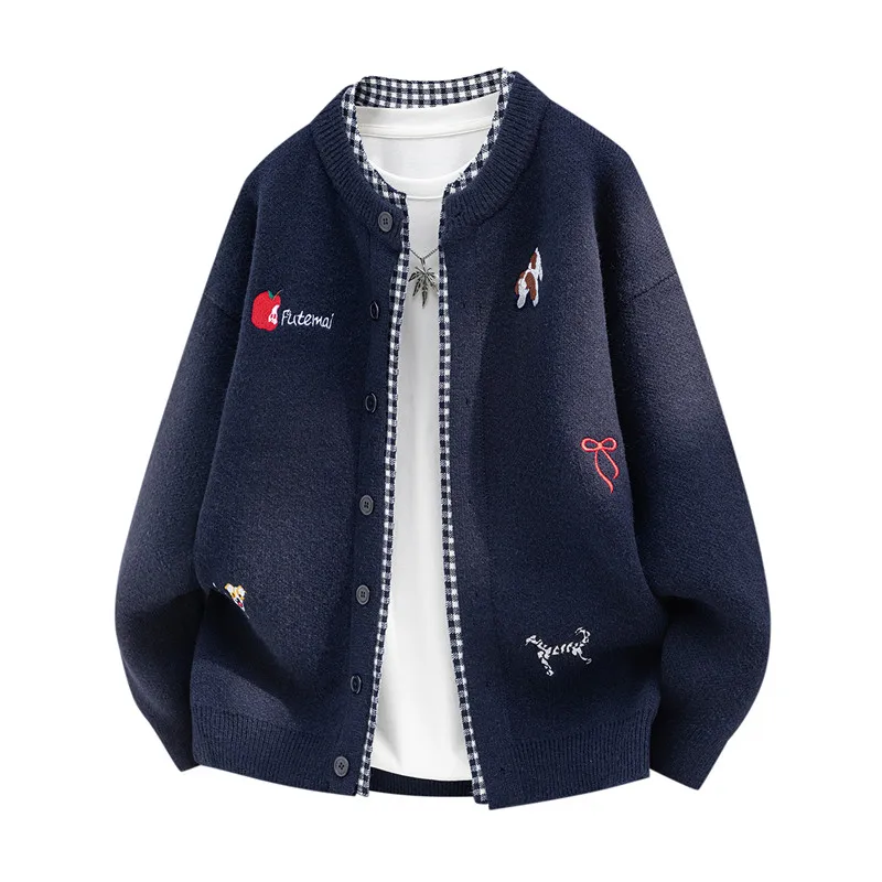 Korean-Style Trend Mens Long-Sleeved Sweater Jacket Single-Breasted Multiple Patterns Embroidery Comfortable Hot-Selling for Men