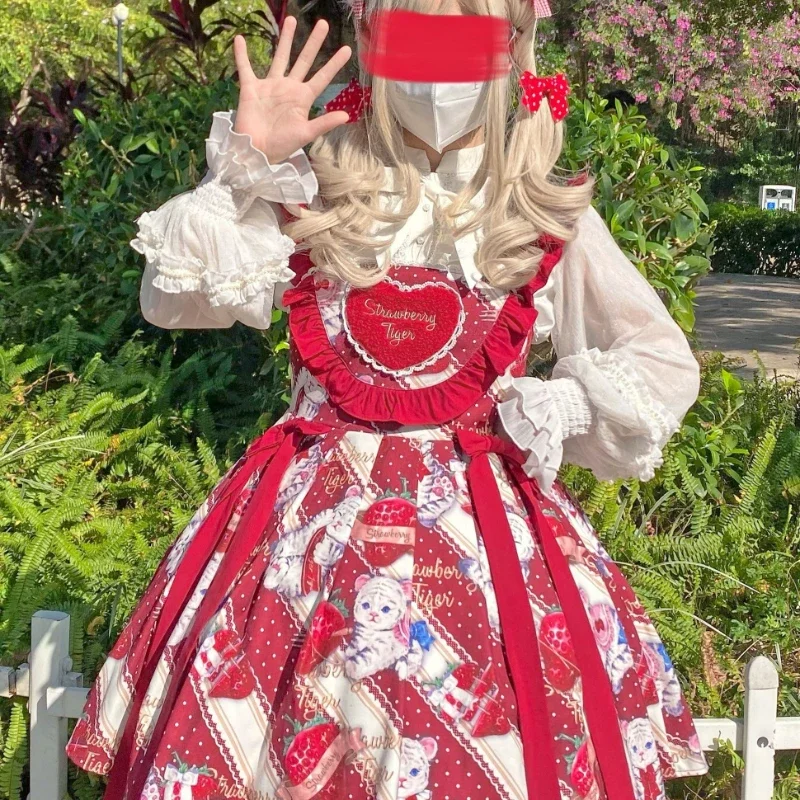 Милое платье Jsk в стиле Лолиты, женское платье с принтом медведя и оборками, клубничное платье, женское милое мини-платье без рукавов, весна 2023 г.