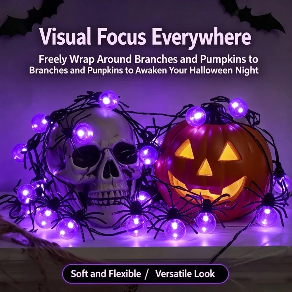 Halloween Solar Spider Lights Purple LED Bulb String Garland for Outdoor Garden Fence Patio Yard Party Scene Decoration
