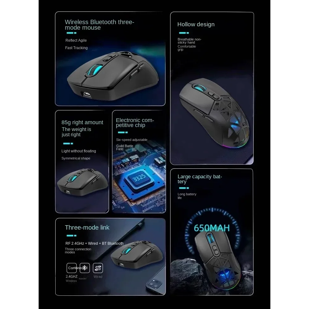 Wireless Mouse 2.4G Bluetooth Wired PAW3325 Sensor 650mah Large Battery RGB Lights Lightweight Skeleton Design Gaming Office