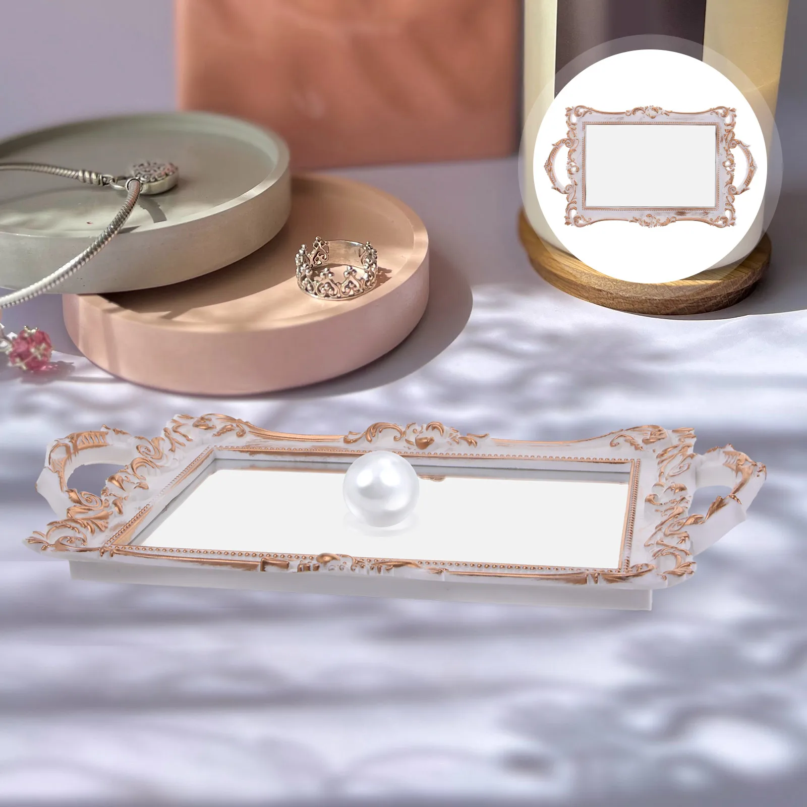 

Mirror Tray Decorative Plate Dresser Jewelry Holder Ivory Storage