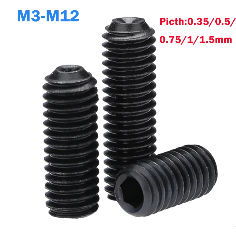 M3 M4 M5 M6 M8 M10 M12 Grade 12.9 Alloy Steel Hex Socket Set Screws Grub Bolt Headless Cup Point Set Screw Pitch:0.35-1.5mm