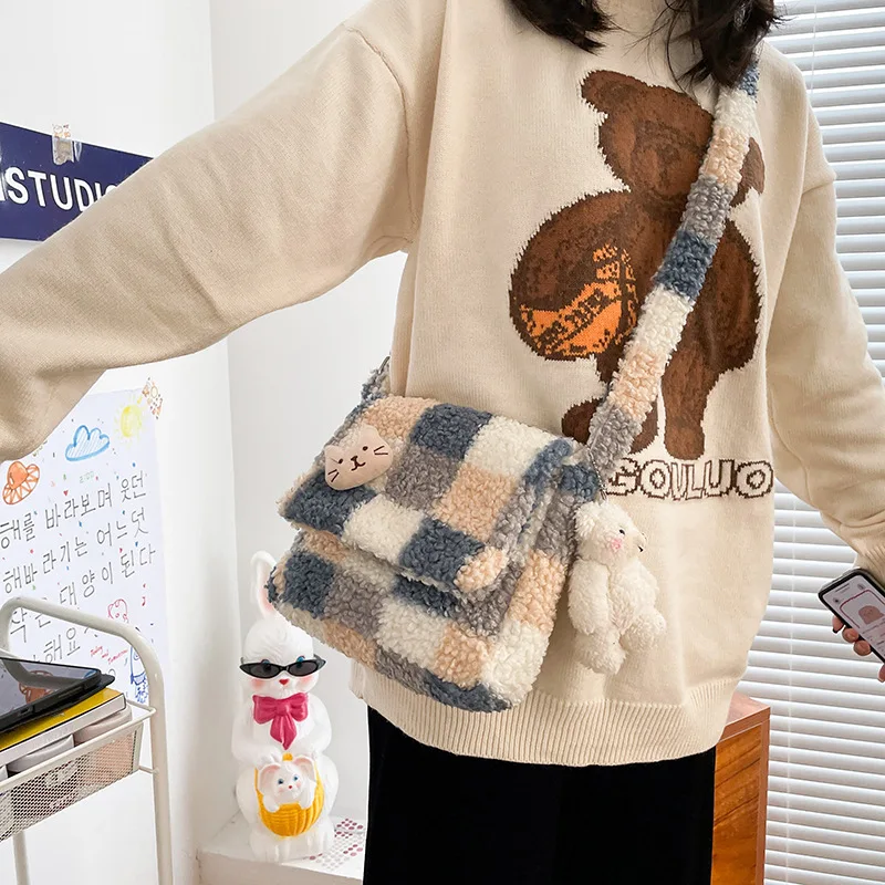 Women\'s Plush Shopper Bag Vintage Fluffy Cute Soft Korean Style Messenger Cover Shoulder Female Student Bags for Women 2023 New