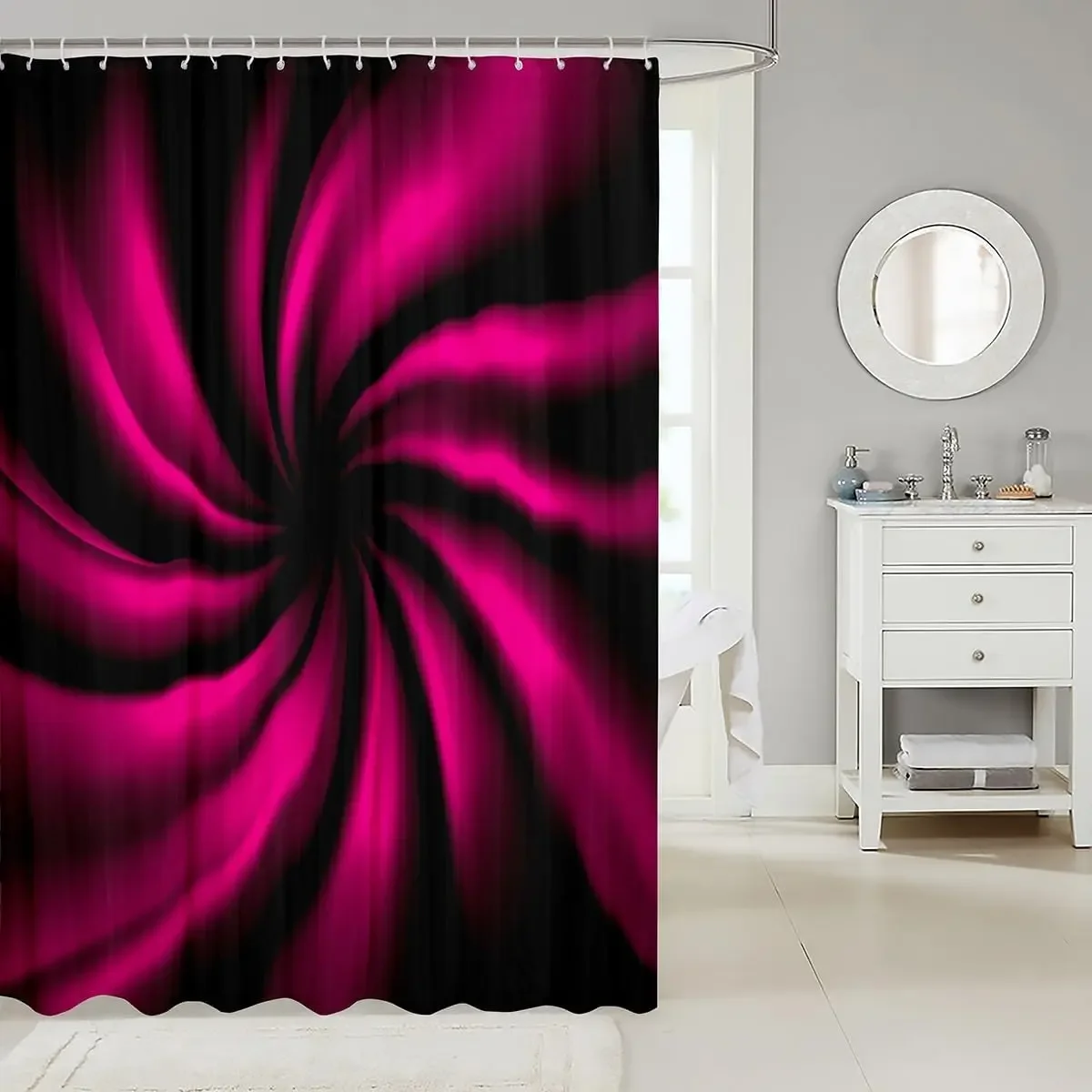 Abstract Hot Pink Black Shower Curtain Stripes Bathroom Shower Curtain Set for Boys Geometric Bath Curtain Waterproof Swirl