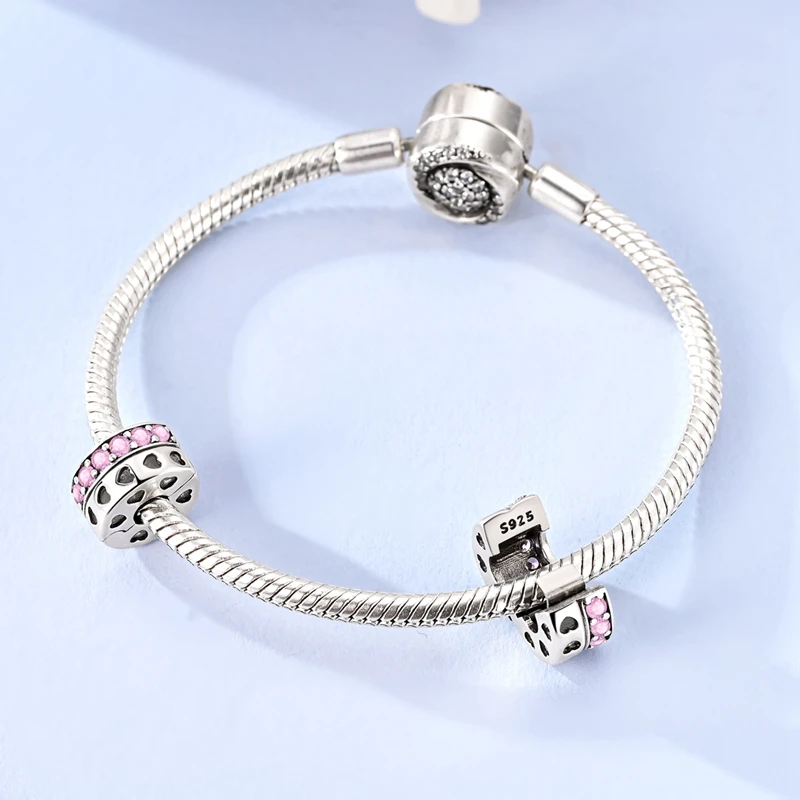 

925 Sterling Silver Pink Charms Bead CZ Zircon Love Fixed Clip Dangle Fit Original Bracelet DIY Women Jewelry Gift