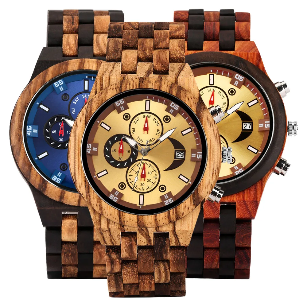 

Chronograph Calendar Round Dial Quartz Watch for Men Folding Clasp Wooden Bangle Male Watches Vintage Natural Men's Timepiece