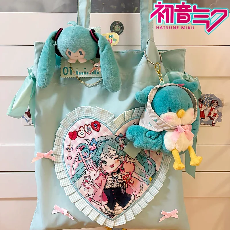 

BilibiliGoods Hatsune Miku Anime Peripheral Tote Bag Sugary Girl Heart Pattern Ribbon Decor For Daily Use Anime Fans