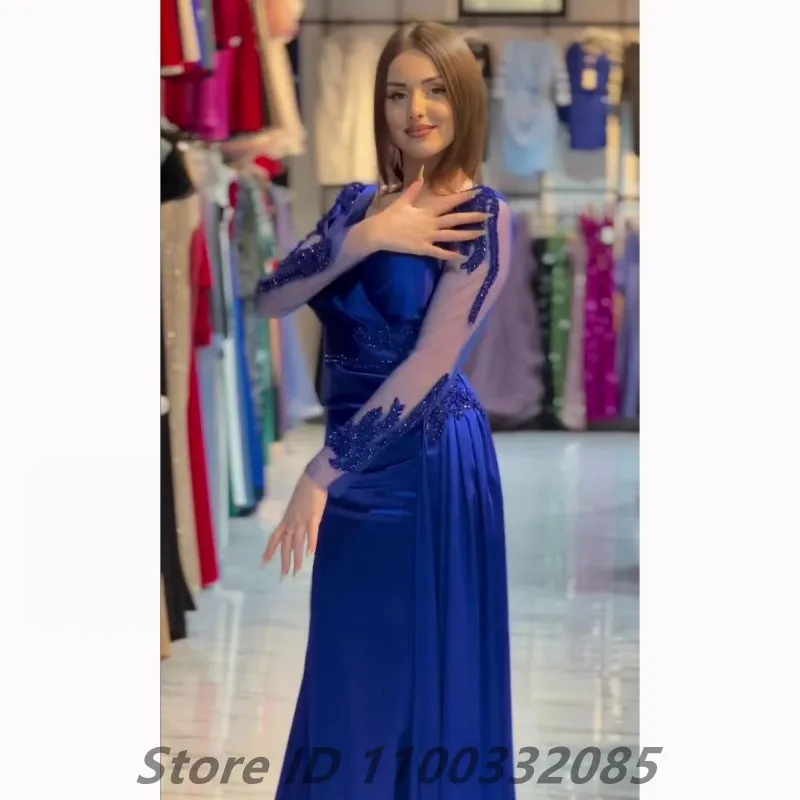 Eightale-vestido de noche de sirena azul real, cuello en V, Sexy, con abertura, apliques de cuentas, manga larga, vestido de fiesta de Dubái personalizado