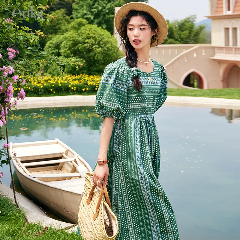 ARTKA 2023 Summer New Women Dress Bohemian Vintage Print Green Square Collar Dress Short Puff Sleeve A-line Long Dress LA92530X