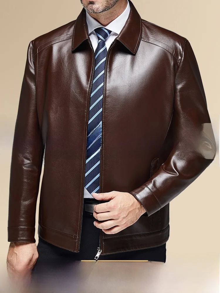 

Spring Autumn Men's Genuine Leather Jaet Thiened Fce Warm Busin Casual Sle Long Sve Zipper Closure Coat