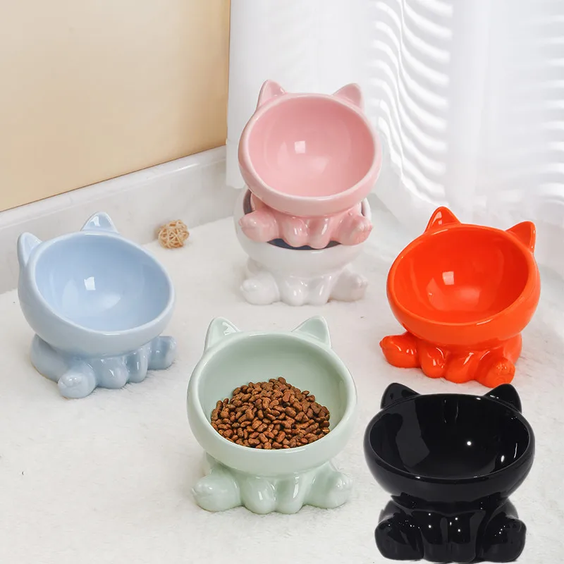 1pcs Cat Ceramic Bowl Raised Pet Drinking Eating Food Cat Drinking Bowl High Foot Protection Cervical Vertebra Cat Drinking