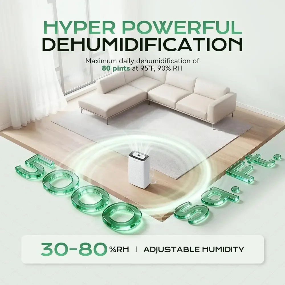 80 Pint 5000 Sq Ft Compressor Dehumidifier with Drain Hose Efficient Humidity Control for Laboratory Basement Home Garage