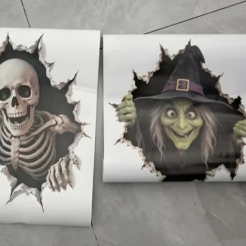 Spooky Skeleton Witch Halloween Break-In 3D Wall Decals Realistic Broken Wall Sticker Wall Sticker For Festival Decorations Gear