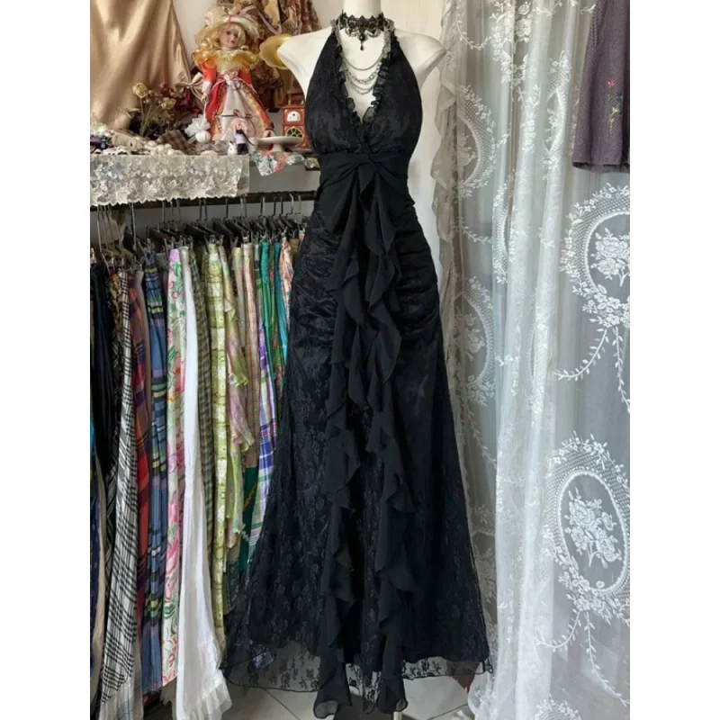 France Vintage Slim Slash Neck Sleeveless Dress Women Gothic Y2k V-neck Black Summer Dresses High Street Chic Skinny Clothing
