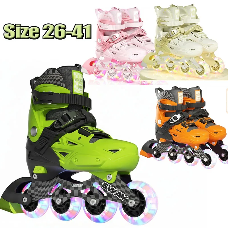 Inline Roller Skates Flash 4 Wheels Sneakers For Boys Girls Adjustable Skate Shoes With Helmet, Elbow And Knee Pads Shoe Bag Set