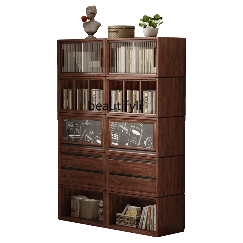 K185 Black Walnut Solid Wood TV Bookcase Floor Bookshelf Storage Solid Wood Module Changeable Assembled Cabinet