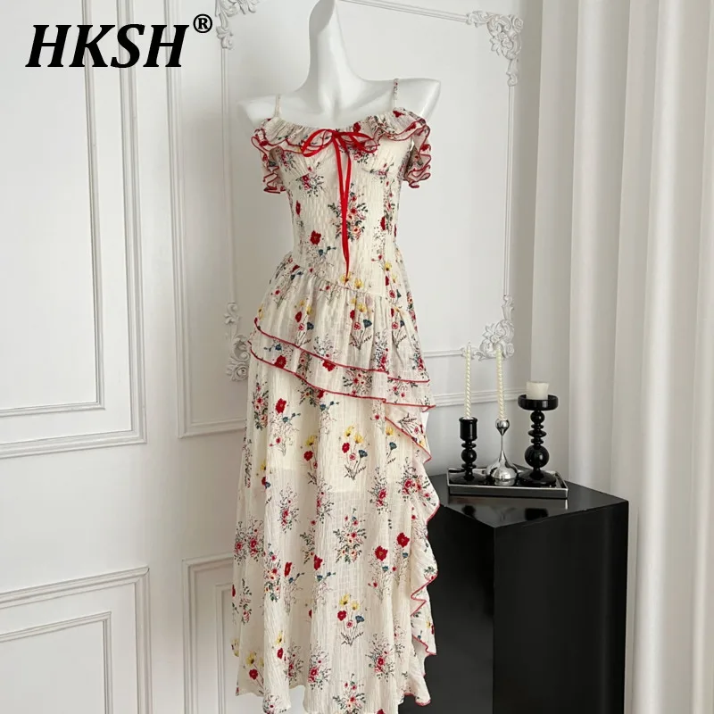 

HKSH Summer New Women's Trendy Sweet Irregular Hem Sleeveless Floral Top Elastic Waist Ruffles Skirt Casual Two-piece Set HK6033