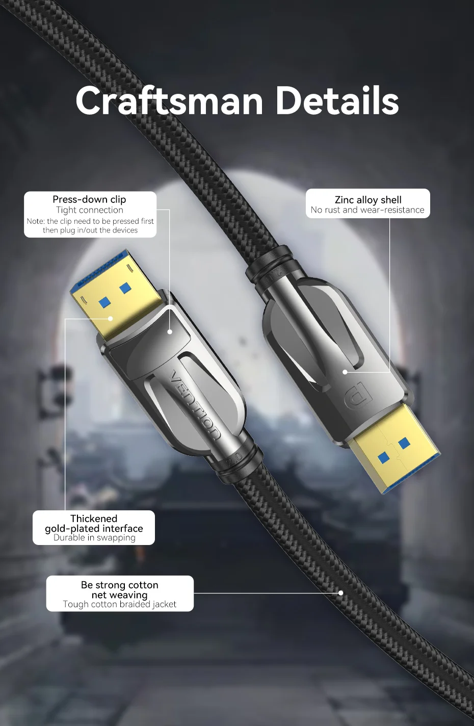Vention 10K DisplayPort-Kabel 8K@60Hz 4K@165Hz 40 Gbit/s Display Port Audiokabel unterstützt HDR HDCP 2.2 für Gaming-Monitor TV DP 2.0 – Detail 13