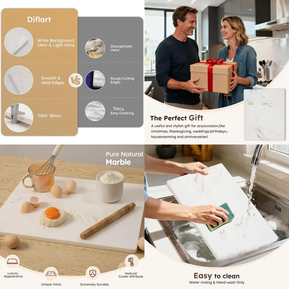 

Большая разделочная доска из белого мрамора 16x20 дюймов с золотыми прожилками для кухни, нескользящая поверхность для сыра, мясных деликатесов и шоколада