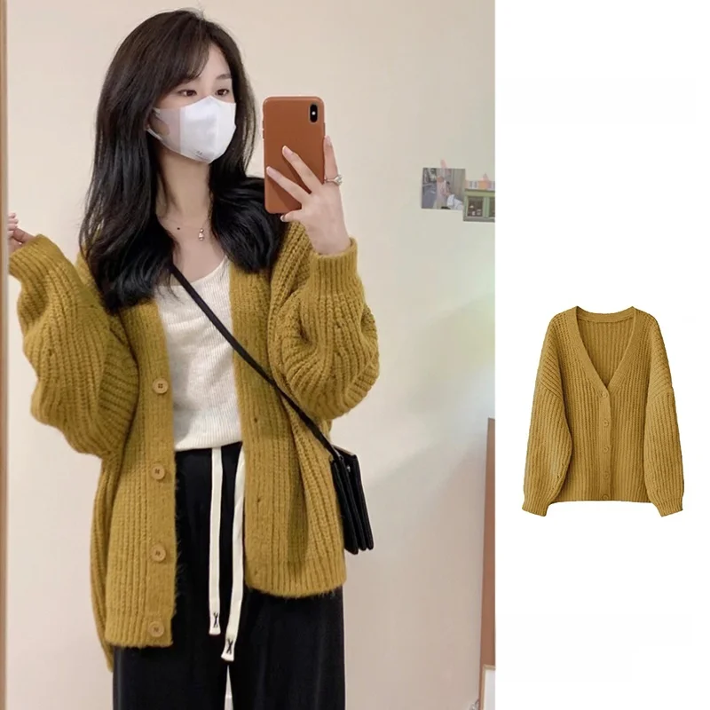 

Женский вязаный свитер свободного кроя V-Ne Batwing Sve Long Sve, осень-весна, Thi Yarn, повседневная верхняя одежда, пальто