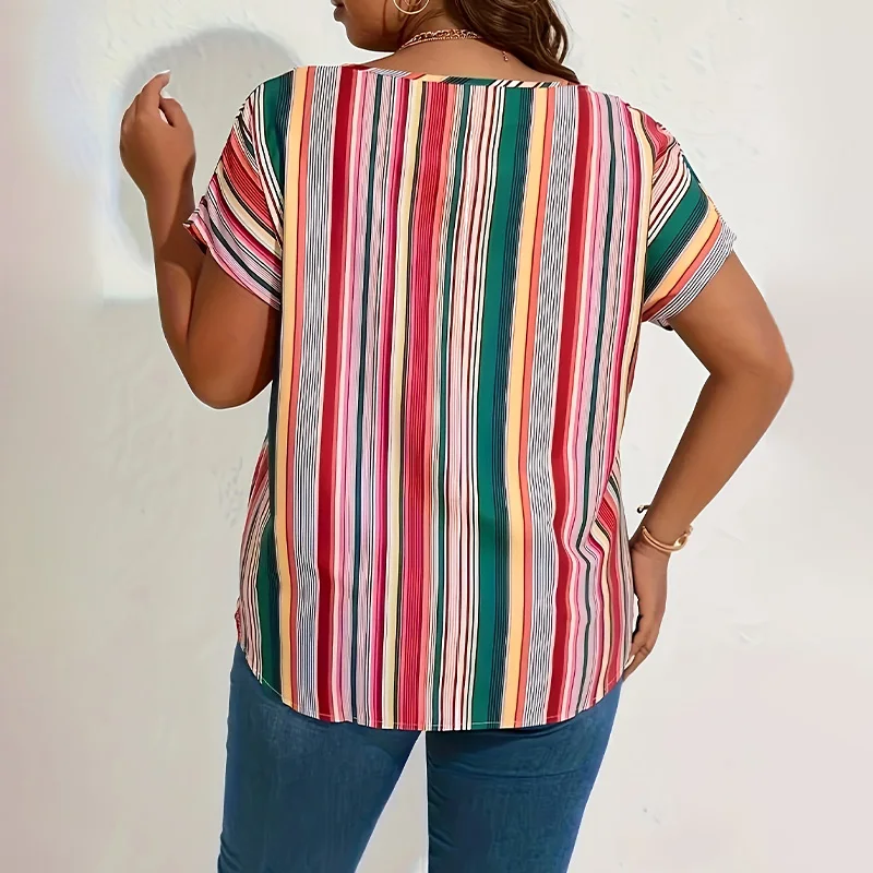 Plus size women's shirt, multi-color striped printed shirt with bat sleeves and round neck casual top, suitable for daily wear image 2