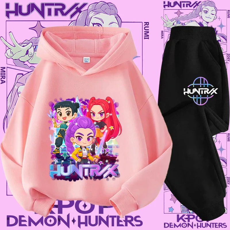 

K-pop Demon Hunter Новый детский комплект с капюшоном — милый повседневный топ для девочек для детей, спортивная рубашка для мальчиков с мультяшным принтом, комплект из 2 предметов